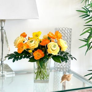 Faux Ranunculus & Poppy Arrangement: Orange Yellow Floral Centerpiece