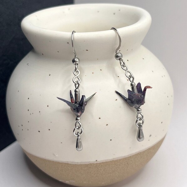 Earrings ~ Mini Purple Origami Crane, Stainless Steel - Hypoallergenic and Handmade Jewelry