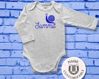 Personalize Baby Name Cute Snail, Nature Lover Magnetic Baby Bodysuit, Long Sleeve One-piece, Organic Cotton, Disability Friendly Sleeper