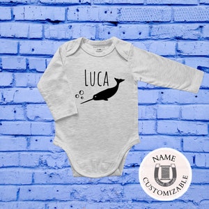 Custom Baby Name Narwhal Magnetic Bodysuit, Whale One Piece, Long Sleeve, Easy Baby Changes, Organic Cotton, Cute Personalized Baby Shower