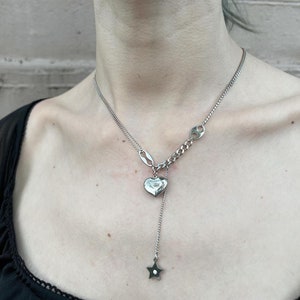 Stainless steel charm necklace / heart & star pendant / minimalist silver jewelry,lariat chain necklace