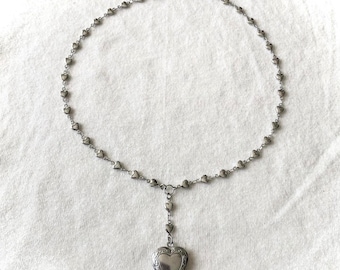 stainless steel heart locket mini rosary necklace with heart shaped chain / everyday coquette y2k grunge whimsigoth silver handmade jewelry