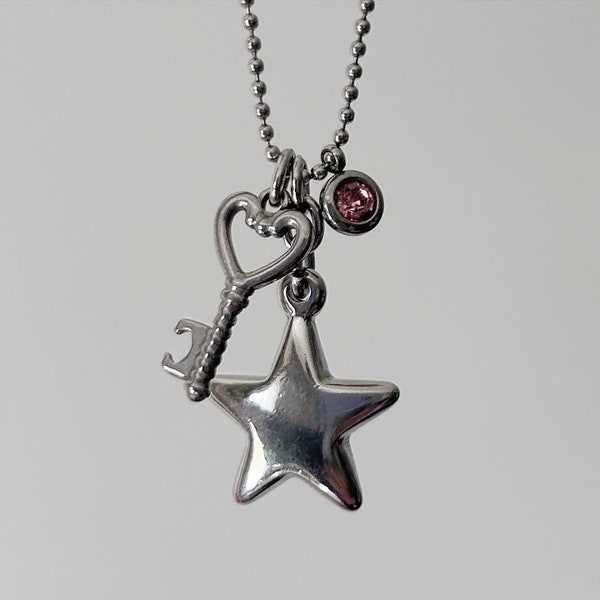 Stainless steel star & key charm necklace / grunge coquette hysteric glamour jewelry handmade