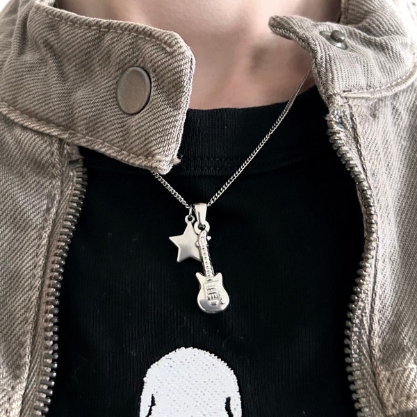 Stainless steel grunge guitar + star charm necklace / No Tarnishing / cyber Y2K mall goth hysteric glamour fairycore rockstar jewelry