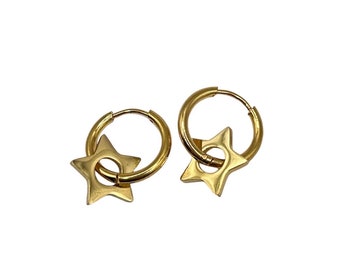 Steel Gold Hoop Earrings with Star Charms / Hypoallergenic Minimalist Grunge Stainless Steel Jewelry