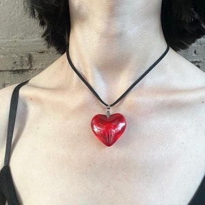 No tarnishing, red glass heart pendant necklace  / fully stainless steel / leather cord ribbon choker / coquette Y2K grunge vintage