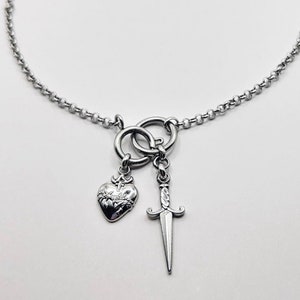 Stainless steel grunge sacred heart & sword pendant / charm necklace / silver y2k gothic handmade jewelry