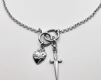 Stainless steel grunge sacred heart & sword pendant / charm necklace / silver y2k gothic handmade jewelry