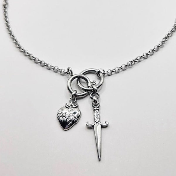 Roestvrij staal grunge heilig hart & zwaard hanger/bedelketting/zilveren y2k gotische handgemaakte sieraden