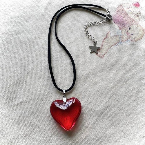 Leather Cord Necklace With Glass Heart Pendant - Etsy
