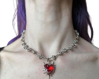 stainless steel chunky choker chain necklace with spiky red glass heart pendant  /  grunge, punk, y2k, gothic handmade silver jewelry