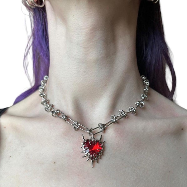 stainless steel chunky choker chain necklace with spiky red glass heart pendant  /  grunge, punk, y2k, gothic handmade silver jewelry