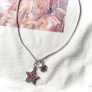 Grunge Cyber Y2K pink rhinestone star pendant charm necklace / with star charms & stainless steel chain