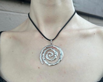 No tarnishing, chunky stainless steel spiral pendant necklace on black faux leather cord / grunge y2k coquette