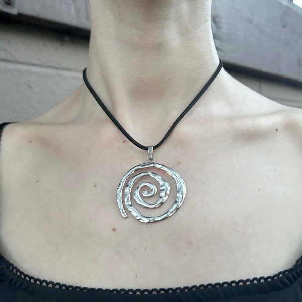 No tarnishing, chunky stainless steel spiral pendant necklace on black faux leather cord / grunge y2k coquette