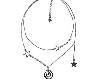 Collar de encanto de perlas totalmente de acero inoxidable con encantos de espiral y estrella / grunge, y2k, fairycore, cyber