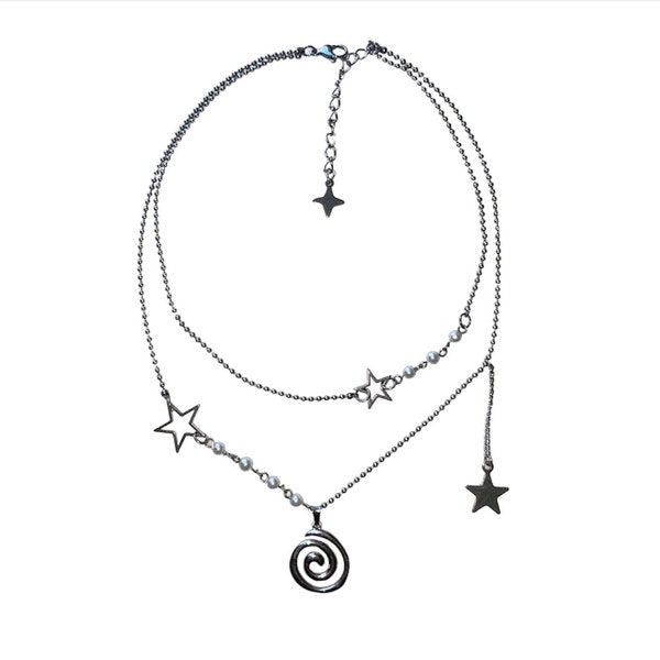 Fully stainless steel pearl charm necklace with spiral and star charms / grunge, y2k, fairycore, cyber