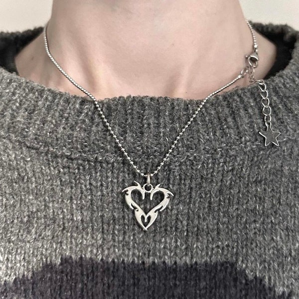 No Tarnishing / Cyber Y2K tribal heart pendant necklace/ fully stainless steel charm necklace on a ball chain / silver handmade jewelry