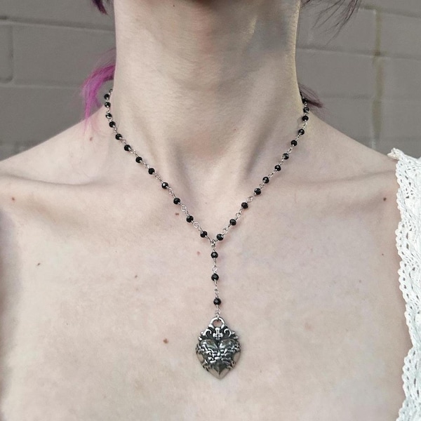 Stainless steel custom sacred heart pendant on Lariat mini Rosary black glass beaded necklace  / whimsigoth Y2K grunge fairycore coquette