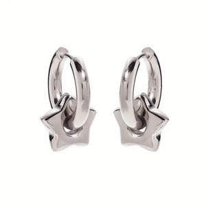 Tarnish Free Hoop Earrings with Star Charms • Hypoallergenic Minimalist Silver Stainless Steel Puffy Star Earrings