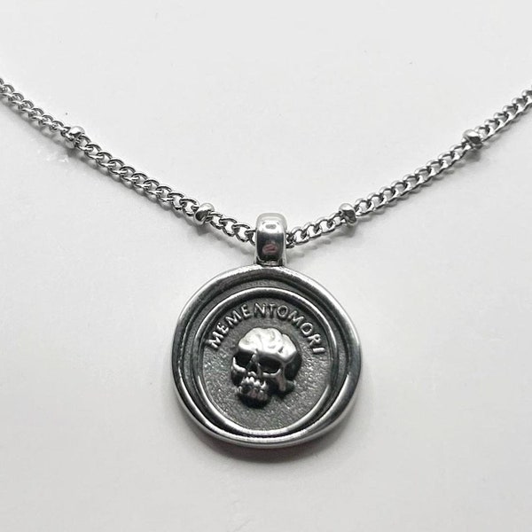 stainless steel “memento mori” written skull pendant + beaded chain charm necklace / grunge whimsigoth gothic style handmade jewelry