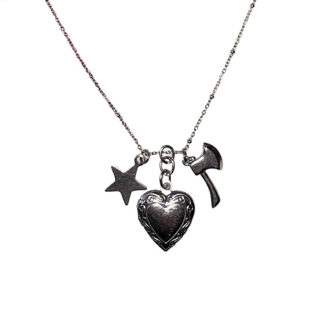 Fully Stainless Steel Charm Necklace With Heart Locket, Star & Axe Pendant / Grunge Coquette