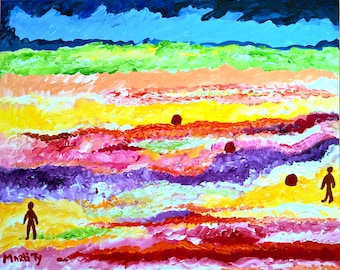 Desert Sand  Painting, Modern Contemporary Art, Palm Sea Ocean People, Original Artwork, Landscape on Canvas, Hand Painted Masterpiece
