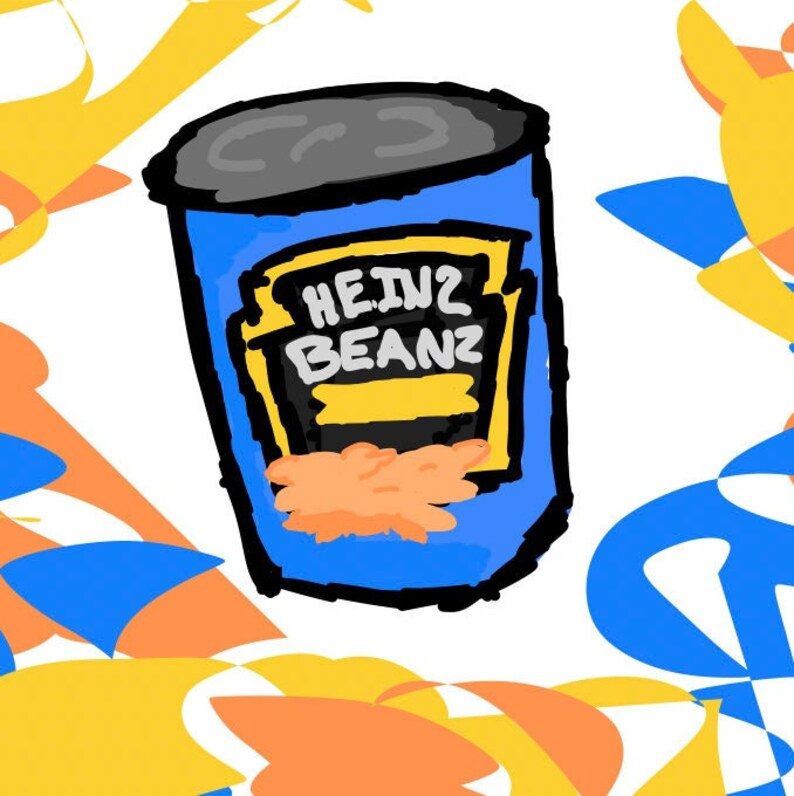 May include: A blue can of Heinz Beanz with a yellow label and a red and white logo. The can is sitting on a white background with colourful shapes.