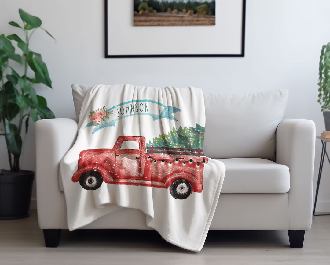 Vintage Red Truck Christmas Throw Blanket Personalized Name Etsy