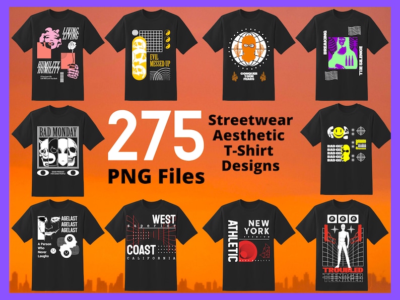 May include: A collection of 275 streetwear aesthetic t-shirt designs. The designs feature a variety of graphic elements, including skulls, geometric shapes, and text. The t-shirts are all black and feature white or colored graphics.