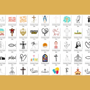 Pu&ograve; includere: Una collezione di 100 immagini clipart cristiane, tra cui croci, cuori, pesci, colombe e altri simboli religiosi. Le immagini sono in bianco e nero e a colori.