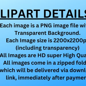 Pu&ograve; includere: Testo che recita "CLIPART DETAILS:" seguito da quattro punti elenco che descrivono i dettagli delle immagini clipart. Ogni immagine &egrave; un file PNG con uno sfondo trasparente, ha una dimensione di 2200 x 2200 pixel, &egrave; di alta qualit&agrave; e viene fornita in una cartella zippata.