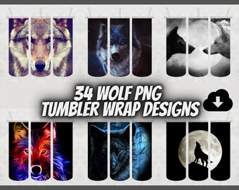 34 Wolf Tumbler Wrap Designs - Tumbler Design PNGs - Loups - Wolf Lover Designs - Tumbler Wraps PNG