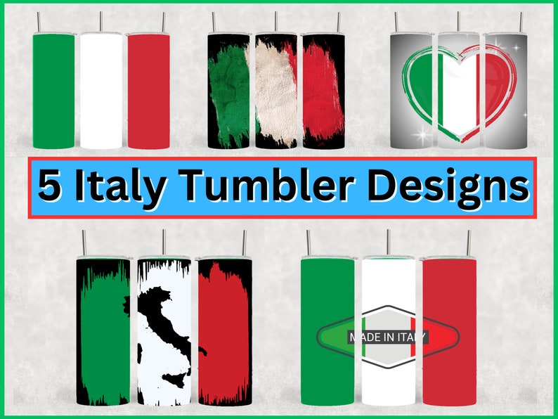 K&ouml;nnte beinhalten: F&uuml;nf verschiedene Designs f&uuml;r italienisch-thematische Becher. Die Designs zeigen die italienische Flagge, ein Herz mit der italienischen Flagge, eine Karte von Italien und die Worte "Made in Italy".