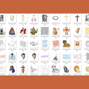 Pu&ograve; includere: Una collezione di 48 immagini clipart cristiane, tra cui croci, simboli religiosi e versetti biblici. Le immagini sono in bianco e nero e a colori.