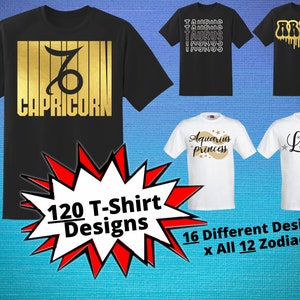 192 Sternzeichen T-Shirt Designs mit transparenten Hintergründen - 16 Designs von allen 12 Sternzeichen - Astrologie T-Shirt Designs - Print on Demand PNG