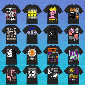 May include: A collage of 12 black t-shirts with various graphic designs. The designs include skulls, guns, text, and geometric shapes in bright colors like pink, yellow, green, and orange.