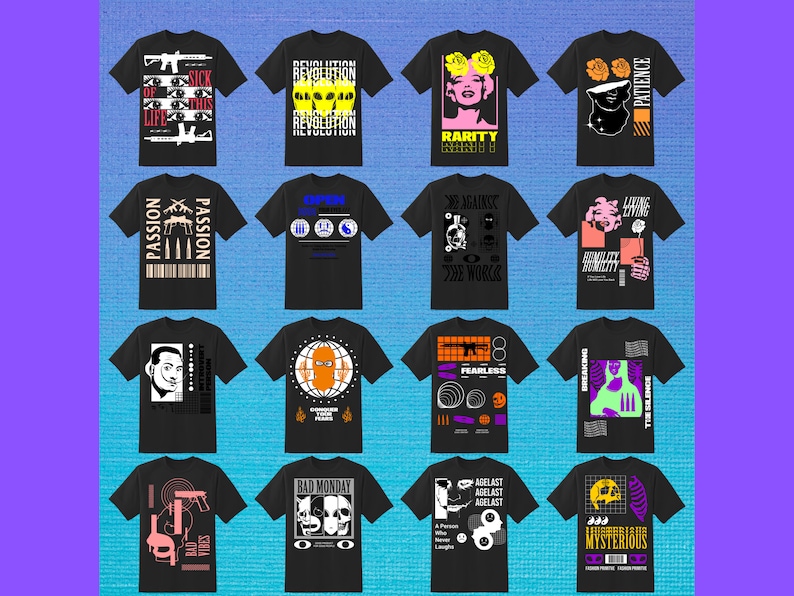 May include: A collage of 12 black t-shirts with various graphic designs. The designs include skulls, guns, text, and geometric shapes in bright colors like pink, yellow, green, and orange.