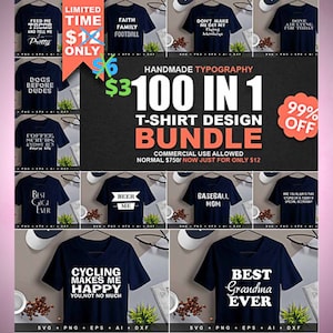 100 Einfache Typografie T-Shirt Bundle PNGs mit transparenten Hintergründen - SVG & DXF Dateitypen ebenfalls. Print on Demand Designs - Sublimation