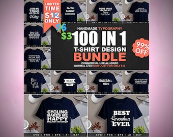 May include: A collage of 100 t-shirt designs featuring various typography and slogans. The designs are displayed on blue mockups. The text "Handmade Typography 100 in 1 T-Shirt Design Bundle" is displayed in a black box with white text. The text "Commercial Use Allowed Normal £500/ Now Just For Only £10" is displayed below the bundle title. The text "99% Off" is displayed in a red circle with white text. The text "Limited Time £10 Only" is displayed in a blue box with white text. The text "£3" is displayed in a green box with white text.