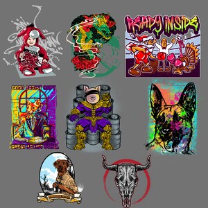 May include: A collection of nine colorful digital illustrations featuring a variety of subjects, including a baby in a red costume, a dragon, a pig wearing a superhero costume, a dog, a skull, and a Santa Claus boxing a turkey.