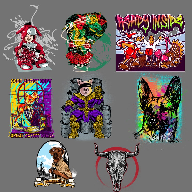 May include: A collection of nine colorful digital illustrations featuring a variety of subjects, including a baby in a red costume, a dragon, a pig wearing a superhero costume, a dog, a skull, and a Santa Claus boxing a turkey.