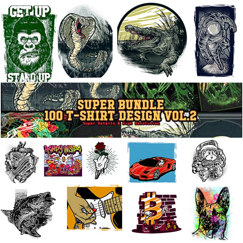 May include: A collection of 100 t-shirt designs featuring various illustrations, including a gorilla, snake, crocodile, astronaut, car, guitar, and a dog. The designs are in a variety of styles, from cartoonish to realistic. The text "SUPER BUNDLE 100 T-SHIRT DESIGN VOL.2" is displayed at the top of the image.