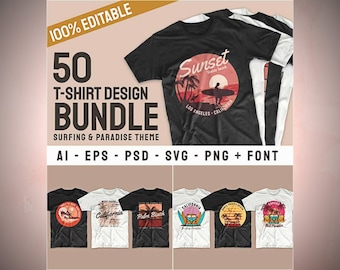 50 diseños de camisetas de surf - SVG - PNG con fondos transparentes y otros tipos de archivos para cada diseño. - Impresión bajo demanda - Sublimación