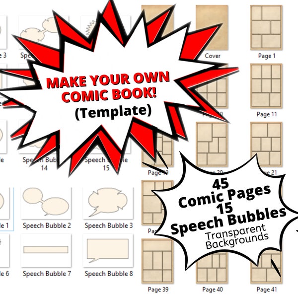 Make Your Own Comics - Comic Book DIY Kit - Elements - Bubbles - Everything you need. Fun Comic Book Designs - PNGs with Transparent