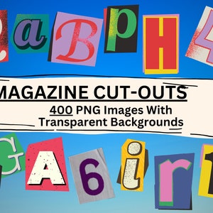 400 recortes de revistas - Letras y números - Imágenes PNG con fondos transparentes - Letras de revistas rasgadas - Números de revistas recortados