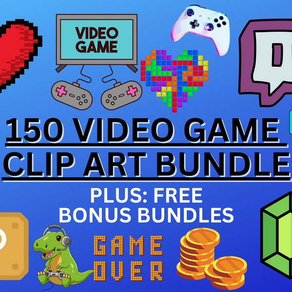 Pacchetto di 150 clipart di videogiochi - con bonus gratuiti - immagini PNG con sfondi trasparenti - pacchetto di clipart di gioco/giocatore - PNG