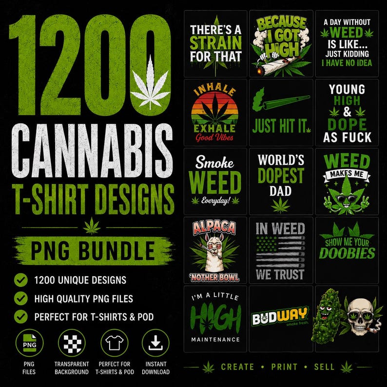 May include: A digital collection of 1200 cannabis-themed t-shirt designs in PNG format. The graphic features large green text reading 1200 CANNABIS T-SHIRT DESIGNS PNG BUNDLE, alongside a grid of various marijuana-related illustrations and slogans.