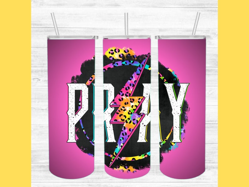 May include: Three pink stainless steel tumblers with a black and white graphic of a lightning bolt with a leopard print design and the word "PRAY" in white text.