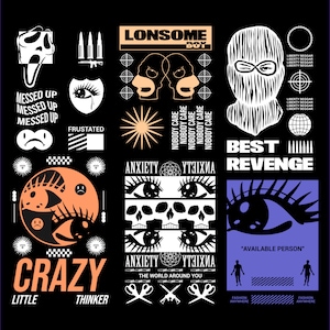 May include: A black and white graphic design with the words "Crazy Little Thinker", "Lonesome Boy", "Best Revenge", "Anxiety", "Ytaixma", "The World Around You", "Available Person", and "Messed Up" in a bold, sans-serif font. The design also includes various graphic elements, such as eyes, skulls, and a sun.